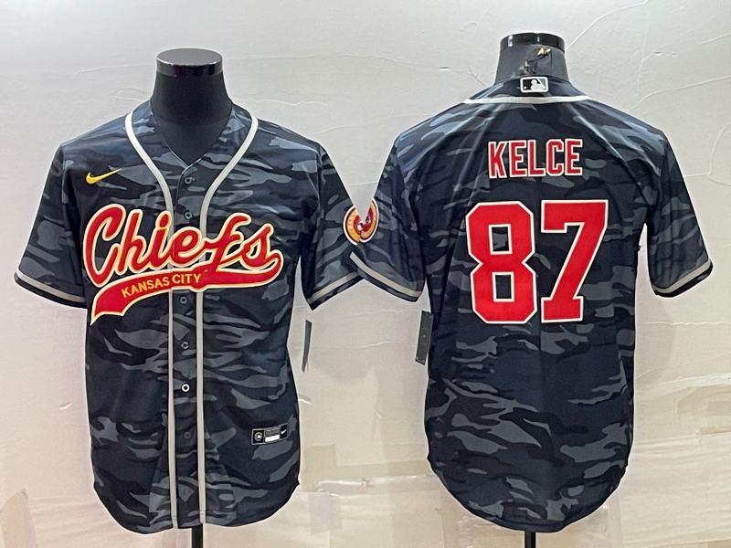 Men's Kansas City Chiefs Blank #87 Travis Kelce Grey/Navy Camo With Patch Cool Base Stitched Baseball Jersey